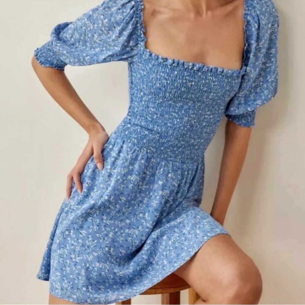Reformation Smocked Puff Sleeve Mini Dress in Blue Floral